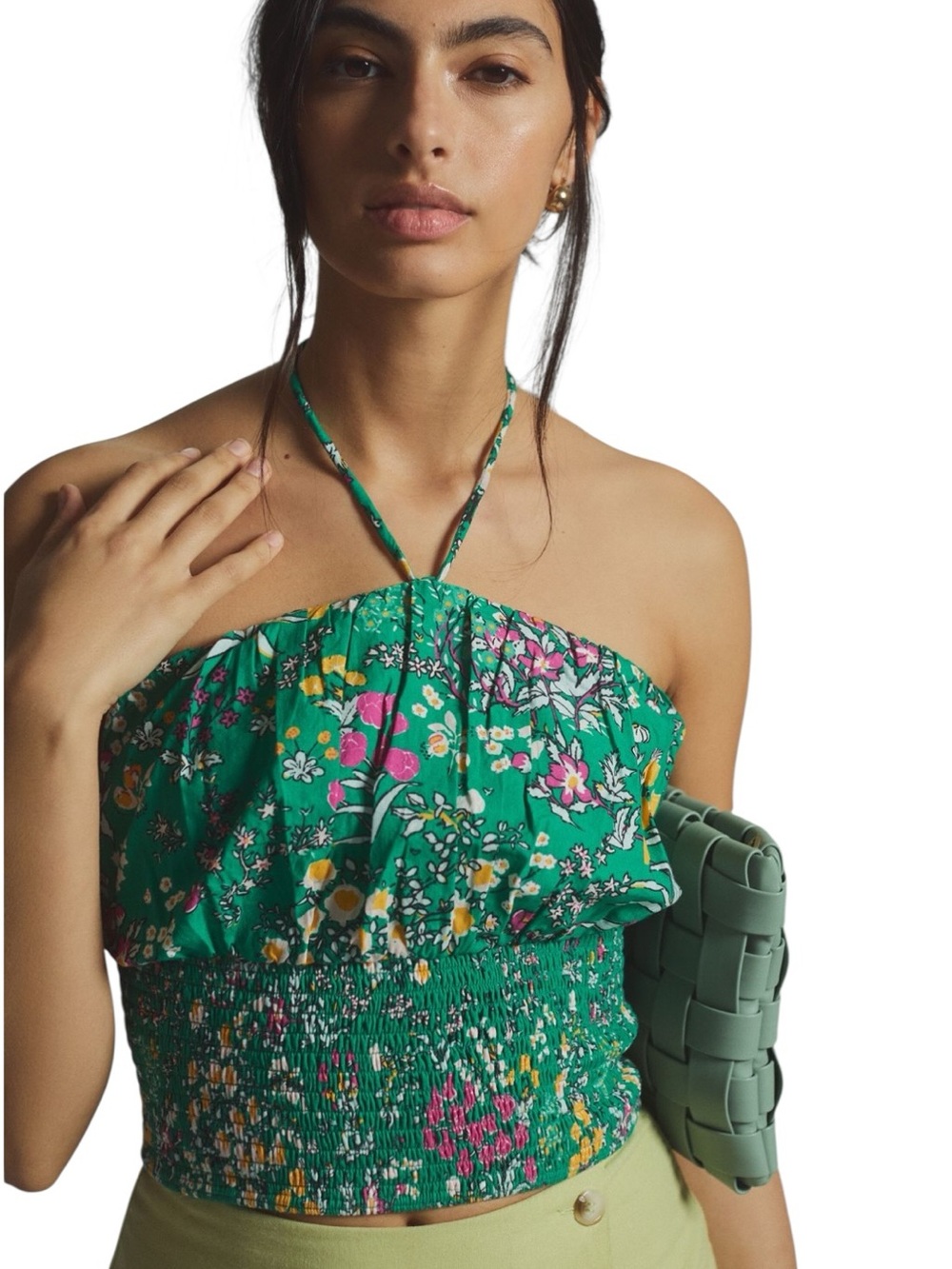 Maeve by Anthropologie Green Floral Woven Halter Smocked Crop Top (L-Bin)